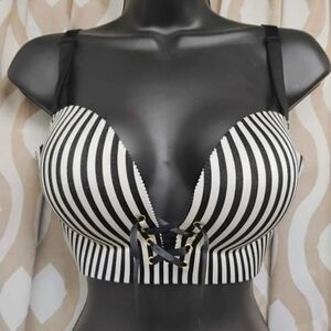 Black and White Striped Lace-Up Bra